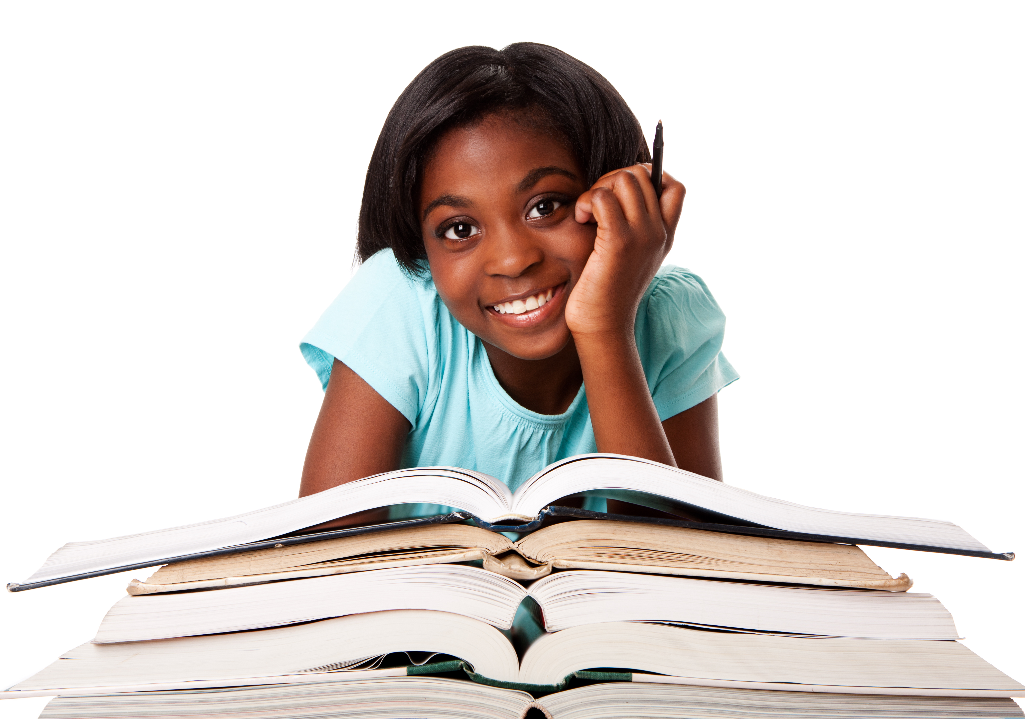 girl with books smiling