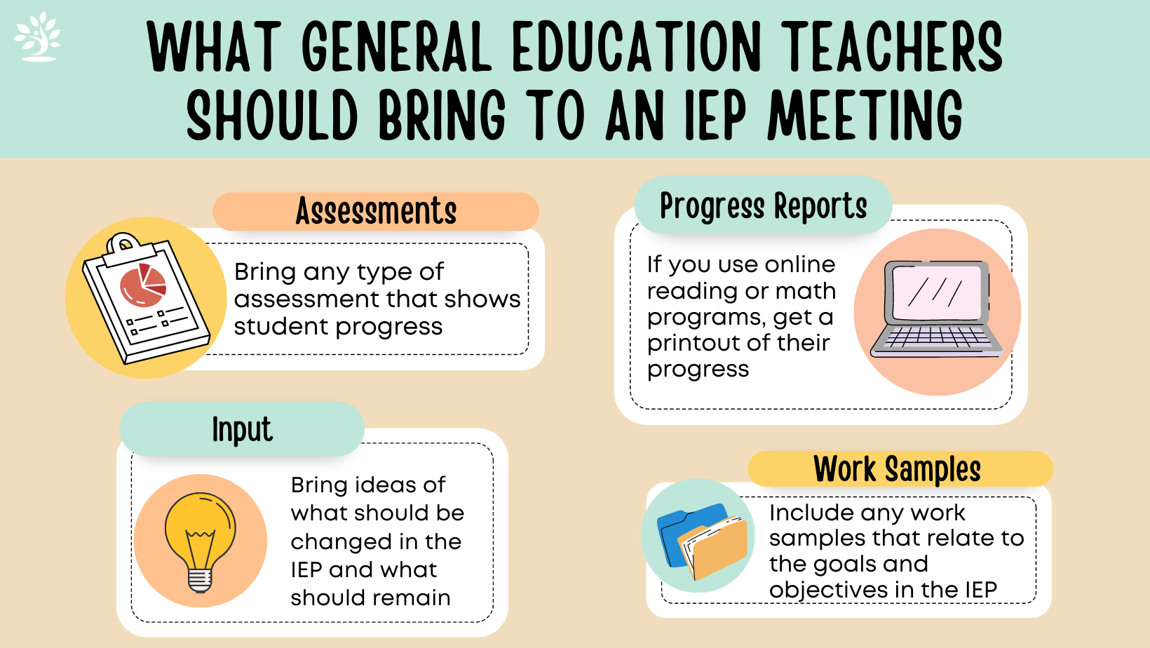 What general education teachers should bring to an IEP meeting. Assessments: Bring any type of assessment that shows student progress. 

Progress reports: If you use online reading or math programs, get a printout of their progress

Input: Bring ideas of what should be changed in the IEP and what should remain

Work samples: Include any work samples that relate to the goals and objectives in the IEP